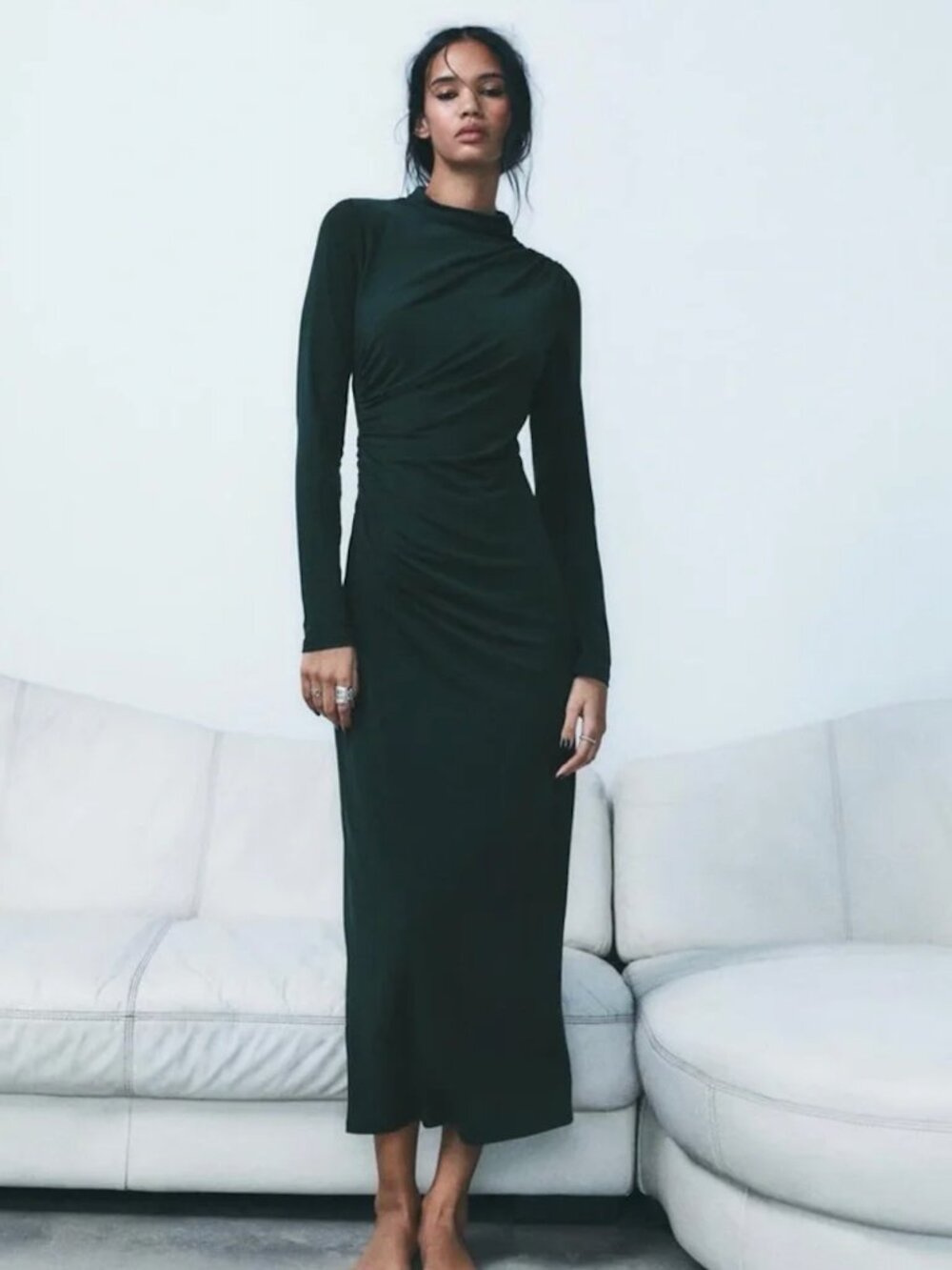 Zara Green Draped Long-Sleeve Midi Dress